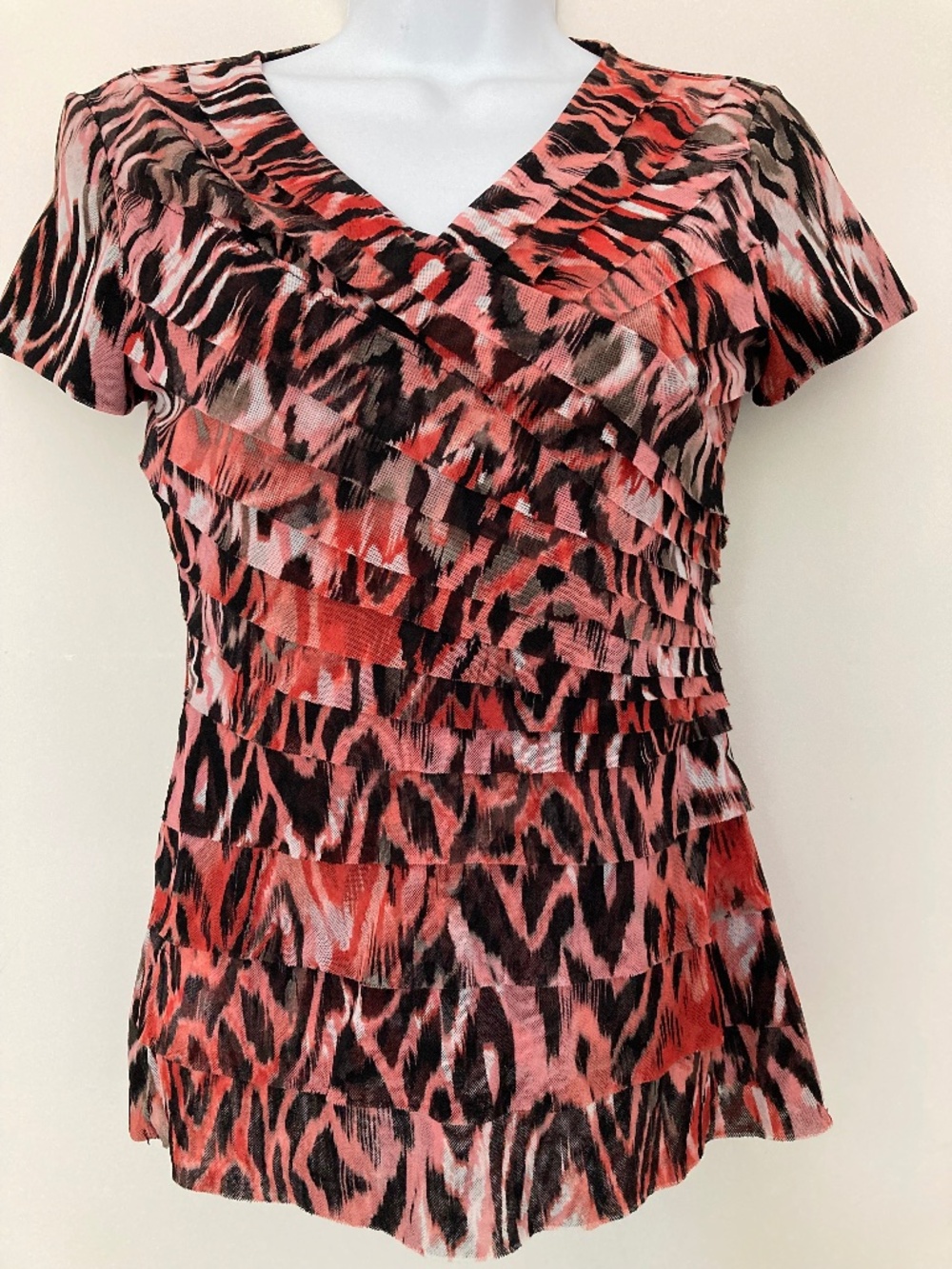 Short-Sleeved Red Top, Fully Lined Sheer Mesh Fabric, Size S